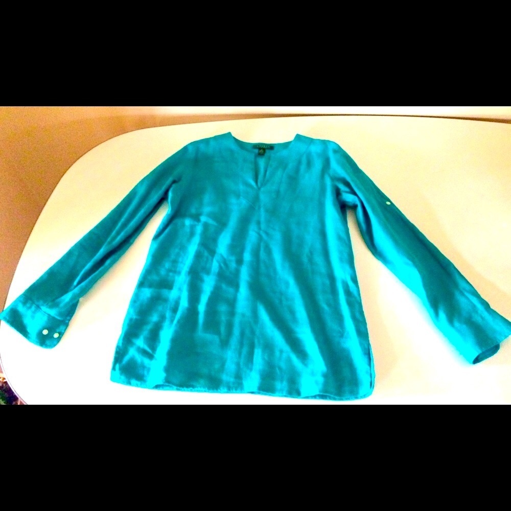 Lauren linen tunic Small. Teal, roll-tab sleeve.